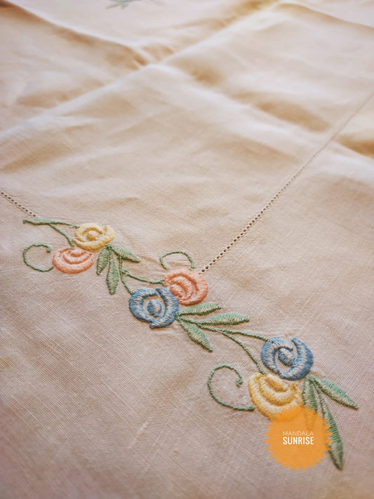 Linen vintage table cloth with embroidery
