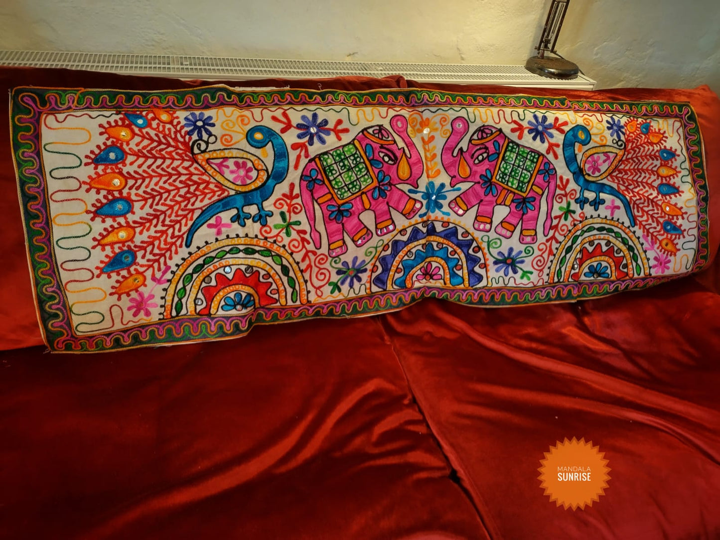 Peacock and elephant brightly coloured embroidered wall hanging