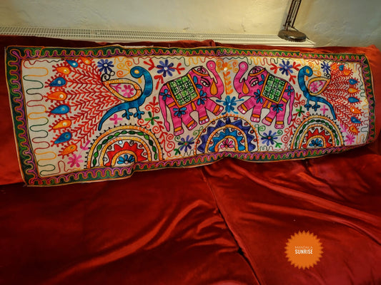 Peacock and elephant brightly coloured embroidered wall hanging
