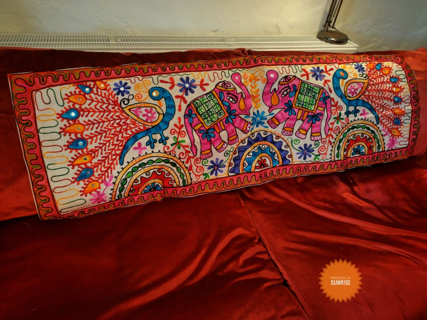 Peacock and elephant brightly coloured embroidered wall hanging