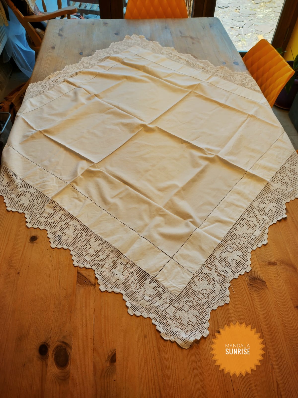 Linen and lace vintage tablecloth
