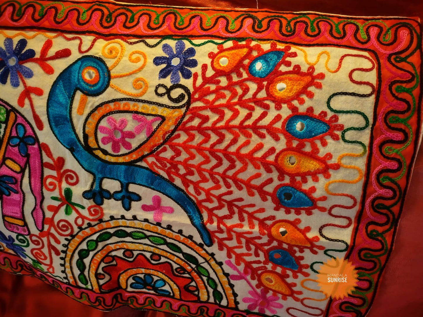 Peacock and elephant brightly coloured embroidered wall hanging